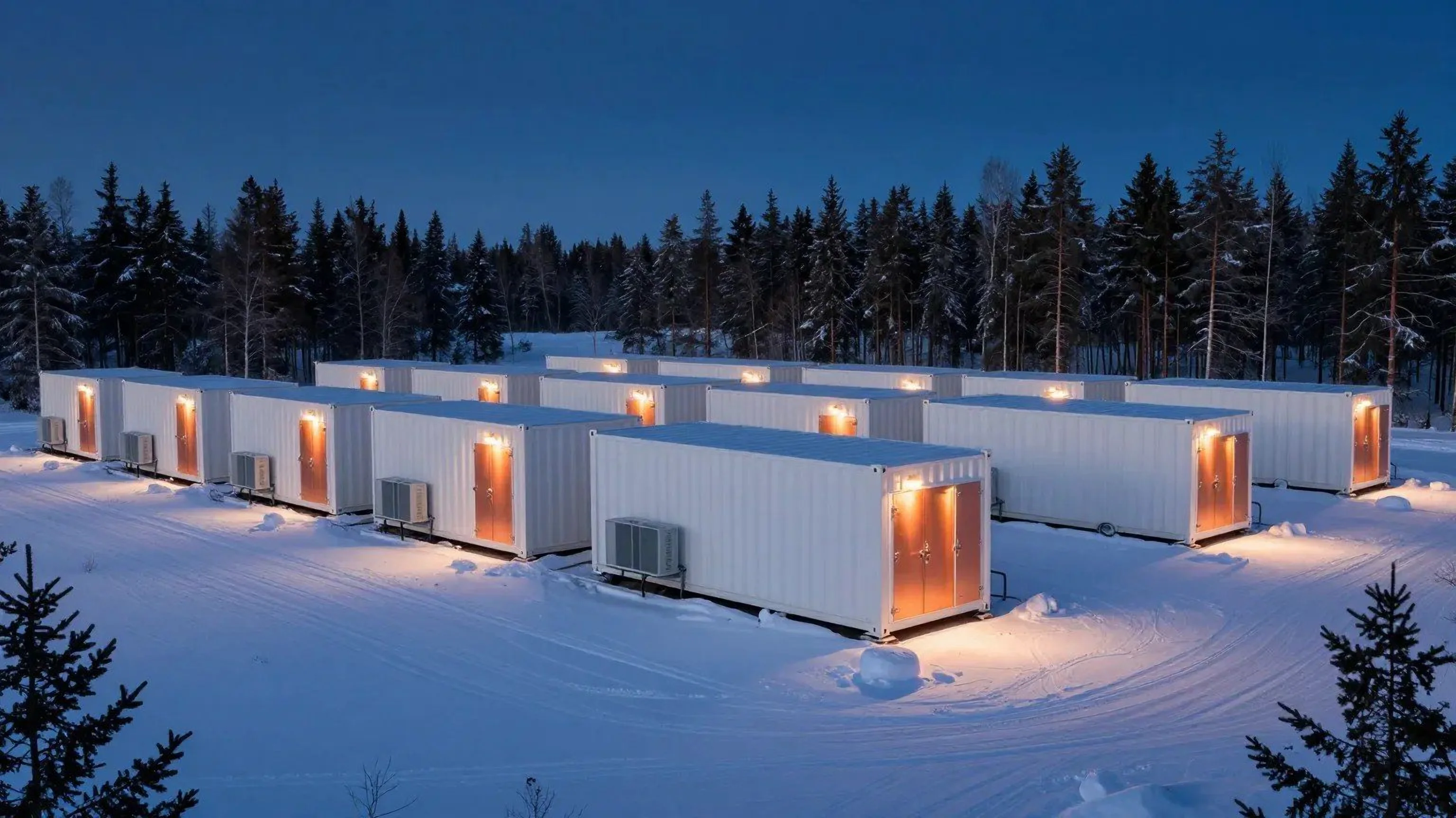 Battery storage containers in a snowy forest clearing
